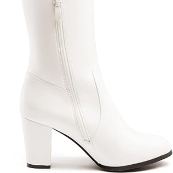 Women's White Chunky Heel Knee High Boots - Picture 2 of 5